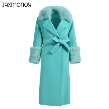 Jaxmonoy חורף מעיל קשמיר לנשים 2022 סגנון חדש גבירותיי חגורה מוצק זמן מעילי גשם נקבה סתיו אופנה הלבשה עליונה חמה