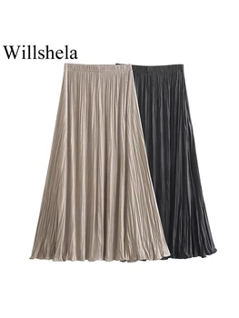 Willshela נשים אופנה מוצק קפלים קו-Midi חצאיות בציר גבוהה אלסטי המותניים נשי אופנתי ליידי חצאיות