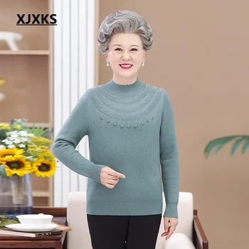 XJXKS 2023 חדש של נשים בחורף סוודר אופנה חצי צווארון גבוה מוצק צבע מותאמים חופשי Oversize צמר לסרוג סוודר