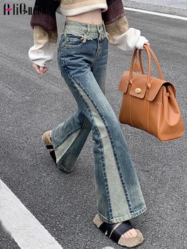 אופנת רחוב באגי ג 'ינס נשים כחול חופשי במצוקה שטף טלאים קצה גלם רחב הרגל נור ג 'ינס וינטג' גבוה מותן סרבל מכנסיים