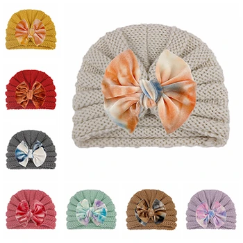 היילוד אופנה צמר סריגה פסים כובעים חמודים בעבודת יד Bowknot בנות תינוק כובעי ילדים הכובעים מתנות ליום הולדת תמונה אביזרים