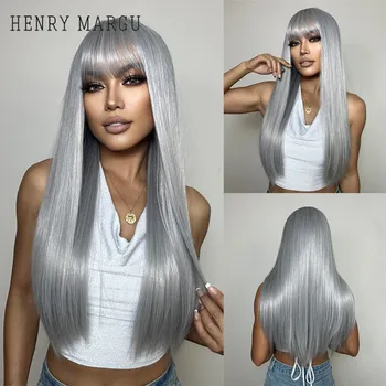 הנרי MARGU אפור כסוף פאות עם פוני ארוך ישר פאה סינתטית טבעית בצבע אפור מזויף שיער לנשים טמפרטורה גבוהה