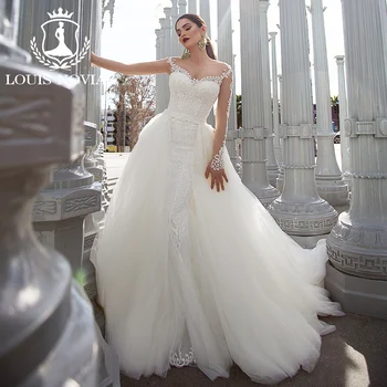 לואיס NOVIAS שרוול ארוך בתולת ים שמלת החתונה 2023 בלתי נראה מחשוף להסרה הרכבת 2 ב 1 שמלת החתונה Vestidos דה נוביה