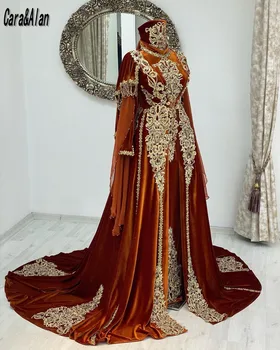 מסורתית קטיפה גלימה שמלות ערב ארוכות שרוולים חרוזים תחרה אפליקציה Kaftan שמלת נשף נשים מסיבת חתונה שמלות