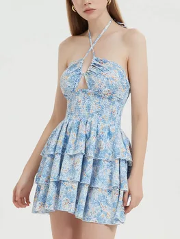 פרחוני הדפסה הקולר לקשור שמלת מיני ללא שרוולים עם קפלים שכבתית ו ללא משענת עיצוב - מושלם עבור הקיץ ללבוש מזדמנים