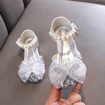 קיץ חדש בנות סנדלי אופנה התינוק פאייטים קשת של יהלומים מלאכותיים נסיכה נעלי ילדים דירות הופעת ריקוד סנדלים J29